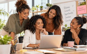 Quatre femmes entrepreneures métisses échangent autour d’un ordinateur, illustrant l’importance du réseau professionnel et de l’entraide féminine.