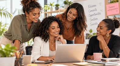 Quatre femmes entrepreneures métisses échangent autour d’un ordinateur, illustrant l’importance du réseau professionnel et de l’entraide féminine.