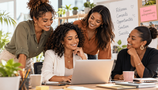 Quatre femmes entrepreneures métisses échangent autour d’un ordinateur, illustrant l’importance du réseau professionnel et de l’entraide féminine.